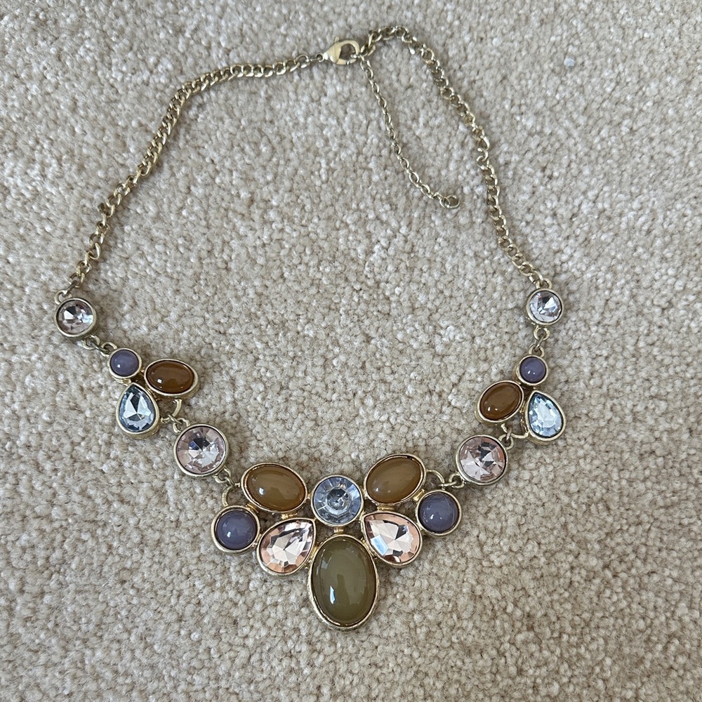 Gold-Tone Statement Necklace with Multicolor Gem Accents